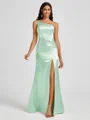 Sheath One-Shoulder Pleated Floor-Length Silk Like Satin Bridesmaid Dress