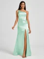 Sheath One-Shoulder Pleated Floor-Length Silk Like Satin Bridesmaid Dress