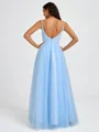 A-line V-neck Pleated Floor-Length Tulle Bridesmaid Dress