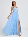A-line V-neck Pleated Floor-Length Tulle Bridesmaid Dress