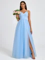 A-line V-neck Pleated Floor-Length Tulle Bridesmaid Dress