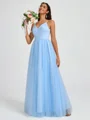 A-line V-neck Pleated Floor-Length Tulle Bridesmaid Dress