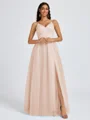 A-line V-neck Pleated Floor-Length Tulle Bridesmaid Dress