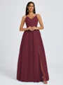A-line V-neck Pleated Floor-Length Tulle Bridesmaid Dress
