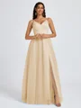 A-line V-neck Pleated Floor-Length Tulle Bridesmaid Dress