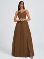 A-line V-neck Pleated Floor-Length Tulle Bridesmaid Dress