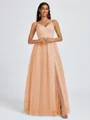 A-line V-neck Pleated Floor-Length Tulle Bridesmaid Dress