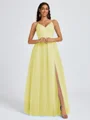 A-line V-neck Pleated Floor-Length Tulle Bridesmaid Dress