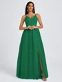 A-line V-neck Pleated Floor-Length Tulle Bridesmaid Dress