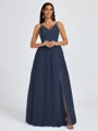 A-line V-neck Pleated Floor-Length Tulle Bridesmaid Dress