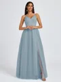 A-line V-neck Pleated Floor-Length Tulle Bridesmaid Dress