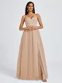 A-line V-neck Pleated Floor-Length Tulle Bridesmaid Dress