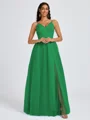 A-line V-neck Pleated Floor-Length Tulle Bridesmaid Dress
