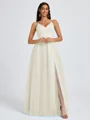 A-line V-neck Pleated Floor-Length Tulle Bridesmaid Dress