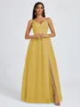 A-line V-neck Pleated Floor-Length Tulle Bridesmaid Dress