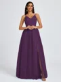 A-line V-neck Pleated Floor-Length Tulle Bridesmaid Dress