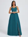 A-line V-neck Pleated Floor-Length Tulle Bridesmaid Dress