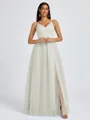 A-line V-neck Pleated Floor-Length Tulle Bridesmaid Dress