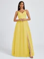 A-line V-neck Pleated Floor-Length Tulle Bridesmaid Dress