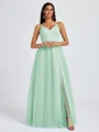 A-line V-neck Pleated Floor-Length Tulle Bridesmaid Dress
