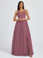 A-line V-neck Pleated Floor-Length Tulle Bridesmaid Dress