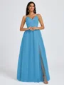 A-line V-neck Pleated Floor-Length Tulle Bridesmaid Dress