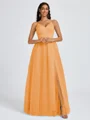 A-line V-neck Pleated Floor-Length Tulle Bridesmaid Dress
