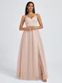 A-line V-neck Pleated Floor-Length Tulle Bridesmaid Dress