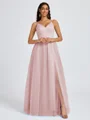 A-line V-neck Pleated Floor-Length Tulle Bridesmaid Dress
