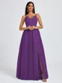 A-line V-neck Pleated Floor-Length Tulle Bridesmaid Dress