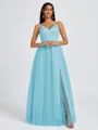 A-line V-neck Pleated Floor-Length Tulle Bridesmaid Dress
