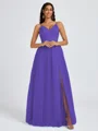 A-line V-neck Pleated Floor-Length Tulle Bridesmaid Dress