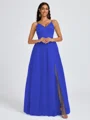 A-line V-neck Pleated Floor-Length Tulle Bridesmaid Dress