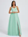 A-line V-neck Pleated Floor-Length Tulle Bridesmaid Dress