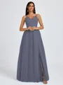 A-line V-neck Pleated Floor-Length Tulle Bridesmaid Dress