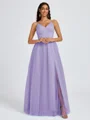 A-line V-neck Pleated Floor-Length Tulle Bridesmaid Dress
