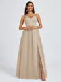 A-line V-neck Pleated Floor-Length Tulle Bridesmaid Dress