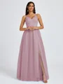 A-line V-neck Pleated Floor-Length Tulle Bridesmaid Dress