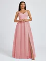 A-line V-neck Pleated Floor-Length Tulle Bridesmaid Dress