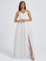 A-line V-neck Pleated Floor-Length Tulle Bridesmaid Dress