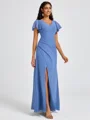 A-line V-neck Short Sleeves Pleated Floor-Length Chiffon Bridesmaid Dress