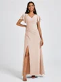 A-line V-neck Short Sleeves Pleated Floor-Length Chiffon Bridesmaid Dress