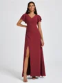 A-line V-neck Short Sleeves Pleated Floor-Length Chiffon Bridesmaid Dress
