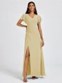 A-line V-neck Short Sleeves Pleated Floor-Length Chiffon Bridesmaid Dress