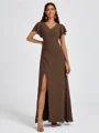 A-line V-neck Short Sleeves Pleated Floor-Length Chiffon Bridesmaid Dress