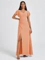 A-line V-neck Short Sleeves Pleated Floor-Length Chiffon Bridesmaid Dress