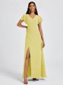 A-line V-neck Short Sleeves Pleated Floor-Length Chiffon Bridesmaid Dress