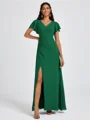 A-line V-neck Short Sleeves Pleated Floor-Length Chiffon Bridesmaid Dress