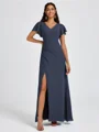 A-line V-neck Short Sleeves Pleated Floor-Length Chiffon Bridesmaid Dress