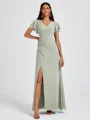 A-line V-neck Short Sleeves Pleated Floor-Length Chiffon Bridesmaid Dress